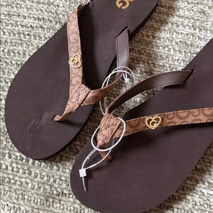 CBG Los Angeles Brown Flip Flops with Tan Patterned Straps